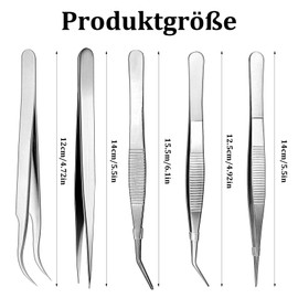 5 STK Edelstahl Pinzetten Set, Präzisionspinzette Gebogene Pinzette Spitz Pinzetten Profi, Mehrzweckpinzette für Basteln, Kochen, Reparieren, Backen, Grillen, Modell Craft Tweezers (5 Längen)