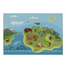 Ambesonne Animals Cutting Board, Planet Globe with Cheerful Animals of All Kinds Snowy Mountains and Sunny Blue Sky, Decorative Tempered Glass Cutting and Serving Board, Small Size, Multicolor