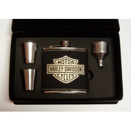 gfsf Harley Davidson leather flask gift set w 2 shot glasses & funnel in leather box
