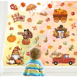 CHDITB Fall Gnome Window Clings,Fall Window Clings for Glass,Thanksgiving Turkey Sticker,Autumn Leaves Truck Pumpkin Pie Wall Sticker,Thanksgiving Harvest Wall Decals for Home Party Room Office