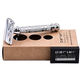 Maquinilla de afeitar de seguridad de doble filo abierta Parker 66R Butterfly - Peso superpesado - 5 cuchillas premium incluidas.