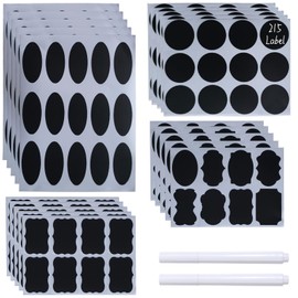 Chalkboard Labels 215Pcs Reusable Waterproof with 2 Chalk Markers - Removable Blackboard Stickers for Jars, Storage Bins, Containers - Kitchen Home Organization (Assorted Shapes)