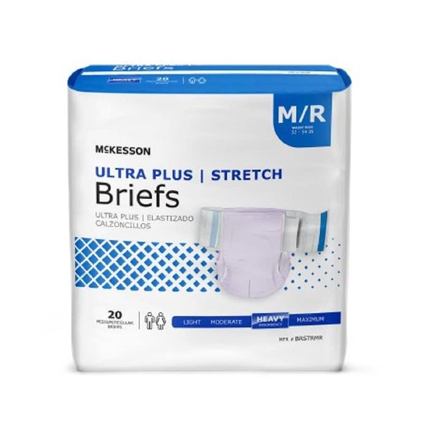 McKesson, Adult Disposable Ultra Plus Stretch Tab Closure Brief, Size: Medium, Heavy Absorbency, Color: Lavender. Packaged: 20per Bag, 4 Bagsper Case, 80 Briefs Total