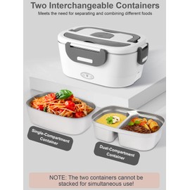 SOHIDA Heated Lunch Box, 80W Electric Lunch Box with Two 1.5L Stainless Steel Interchangeable Containers and Lids, 12V/24V/110V Food Warmer with Utensils and Insulated Bag for Car/Truck/Office (White)