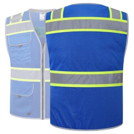 JKSafety Hi-Vis Safety Vest for Men&Women High Visibility Reflective Mesh Construction Work Vest Multi-Pockets PPE ANSI/ISEA compliant (189-Blue M)