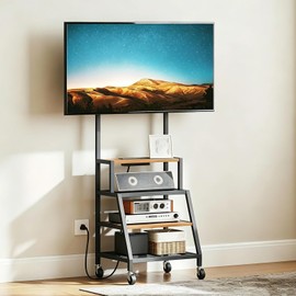 MAHANCRIS Rolling TV Stand with Mount, Corner TV Console with Wheels Up to 50 Inches, Entertainment Center with Storage, Small TV Stand with Power Outlet for Living Room, Rustic Brown TVHR117E01