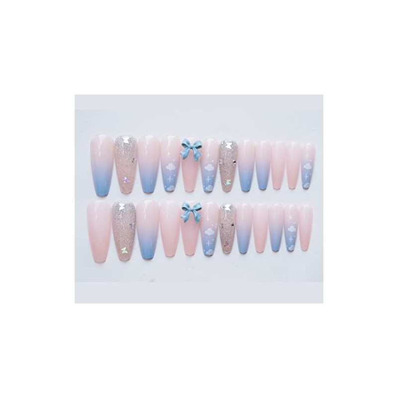 Nail Tips 24 Pcs Butterfly Clouds Long Fake Nails Make