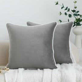LIGICKY Set of 2 Grey Velvet Throw Pillow Covers Modern Minimalist Style Solid Decorative White Rope Edging Soft Square Cushion Cases for Sofa Bedroom Party Décor, 20 x 20 inch