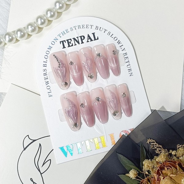 TENPAL Gradient Purple Press on Nails Long Almond Cat Eye