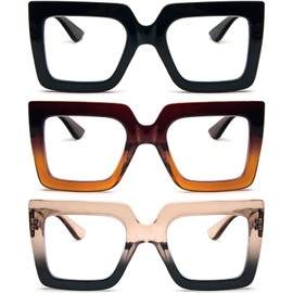 REAVEE 3 Pack Oversized Reading Glasses for Women Large Frame Extra Wide, Blue Light Blocking Readers Stylish Square Thick Eyewear, Black+Brown Orange+Tea Black, 2.5
