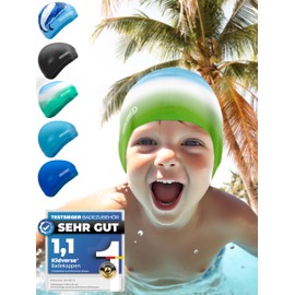 KIDVERSE Swimming Cap Children 6-9 Years - Swimming Cap Children with Non-Slip Nubs for Maximum UV Protection Swimming Cap Children Extra Tear-Resistant & Waterproof - Swimming Cap Blue White Green