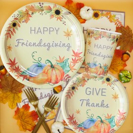 Decodinli Friendsgiving Party Supplies Serves 25, Thanksgiving Plates and Napkins Set, Fall Thanksgiving Party Decorations, Friendsgiving Party Tableware Set with Plates, Cups, Napkins and Forks
