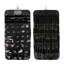 Angelina's Palace Tenby Jewelry Double Side Hanger Organizer Hook Hanging Closet Jewelry Storage Roll 24 Earring Ring Bars 28 Bracelet Pouches Watches Pocket 40 Necklaces Loops(Zebra)