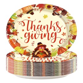 50Pcs Thanksgiving Oval Paper Plates 10" x 12" Large Disposable Heavy Duty Fall Turkey Pumpkin Paper Platters Turkey Pumpkin Pattern Dessert Plates for Autumn Harvest Thanksgiving Party Supplies