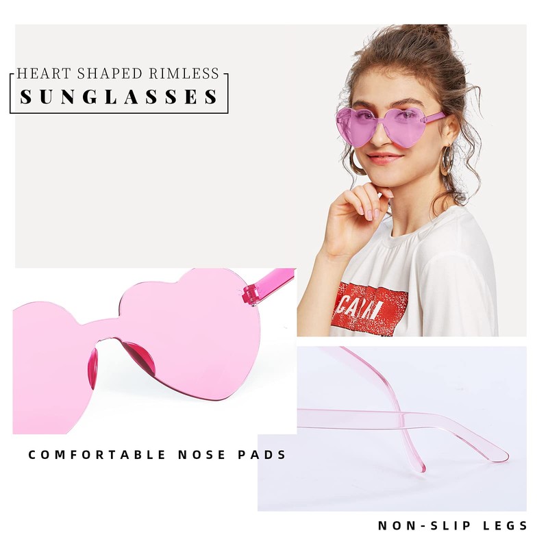 FEISEDY 2 Pack Rimless Heart Shaped Sunglasses Party Glasses Disco