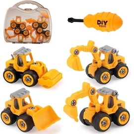 JoyGrow Car Toy, Building Toy, Construction Car, Set of 4, DIY Educational Toy, Excavator, Construction Play, Sandbox Play, Mini Car, Carpenter Car, Kids, Boys, Girls, Gift (Yellow)
