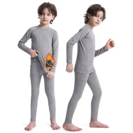 Roadbox Childrens Thermal Base Layer Fleece Lined Long Sleeve Top & Tights Compression Running Base Layer for Gym Training Grey