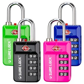 SURE LOCK TSA Approved 4-Digit Resettable Combination Luggage Locks with Open Alert, Easy-Read Dials - for Luggage, School Lockers, Gym, Office, Toolbox & Security Cases(4 Assorted Colors)