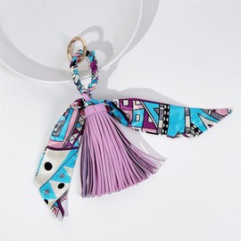 QTMY Silk Ribbon Bow Leather Tassel Bag Pendant Charm Keyring Keychain for Women Purse Handbag Decor,2043, 22, 5"