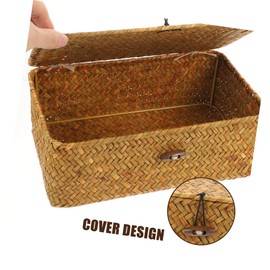 Zerodeko Woven Seagrass Storage Box for Sundries Multi-Purpose Organizer Lid for Use Vintage Craft Box for Desktop Accessories and Keepsakes