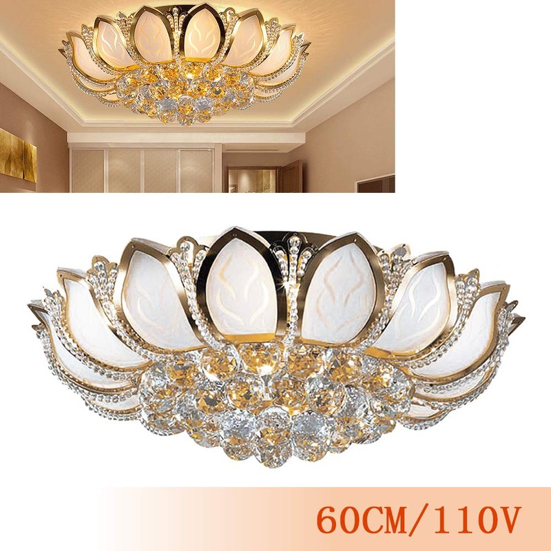 Dimmable Crystal Chandeliers Lotus-Shaped Flush Mount Ceiling Light with Remote
