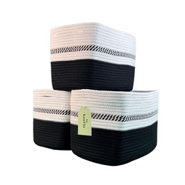KasaVita Cotton Rope Baskets for Organizing and Storage, Woven Decorative Baskets for Shelves, Books, Toys, Closets. Storage Bins for Living Room, Bedroom, Nursery | Pack of 3 | Black