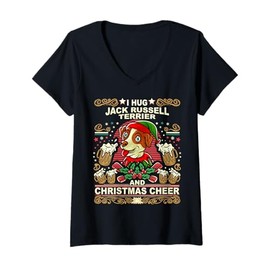 Womens Jack Russell Terrier Christmas Cheer Santa Claus Dog Elf V-Neck T-Shirt