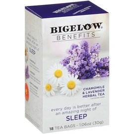 Bigelow Benefits Sleep - Té herbal de manzanilla y lavanda, sin cafeína, 18 unidades (paquete de 6), 108 bolsas de té en total