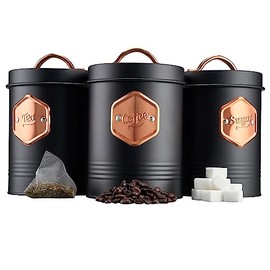 Cooks Professional 3 Piece Storage Canister Set | Labelled Containers for Tea Coffee Sugar | Canisters Sets for Kitchen Accessories & Essentials | Black & Copper