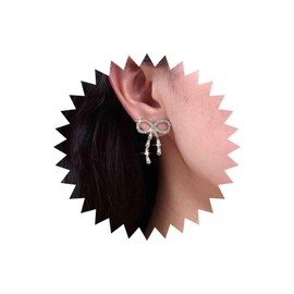 Inateannal Vintage Bow Rhinestone Earrings Silver Long Rhinestone Earrings Crystal Chain Dangle Earrings CZ Bow Pearl Stud Earrings Jewellery for Women and Girls, Zinc