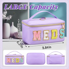 Geetery Chenille Letter Bag Nylon Meds Makeup Cases Preppy Patch with Zipper, Portable Cosmetic Toiletry Storage Bag for Women (Purple)