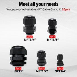 AIRTAK 20-Piece IP68 Waterproof Cable Gland Kit - Nylon NPT Adjustable Connectors (1/4”, 3/8”, 1/2”, 3/4”, 1”) - Perfect for Junction Boxes, Wire Panels & Outdoor Electrical Projects (Black).