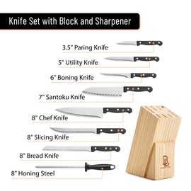 BAMBOO LAND- Kitchen Knife Set, 9 pcs, Stainless Steel Knife Set with Block and Sharpener, Kitchen Knives with Wooden Block, Cutting Knife Block Set, Knives Set for Kitchen Knife Sets with Block