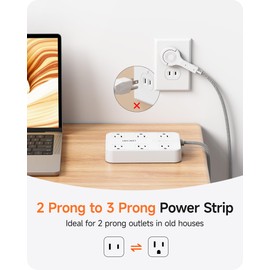 LENCENT 2 Prong Power Strip,2 Prong to 3 Prong Outlet Adapter,Two Prong Surge Protector, 6ft Braided Flat Plug Extension Cord, 6 AC & 4 USB (1 Type-C), Wall Mount for Non-Grounded Outlet