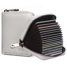 Goopai RFID 20 Card Slots Credit Card Holder Genuine Leather Accordion Card Case Small Wallet for Women or Men with Zipper (White)