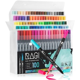 RAGI Brush Pens Set of 100 Watercolour Felt Tip Pens for Adults Twin Tip Brush Pen and Fineliner Colours Marker Calligraphy Hand Lettering Pens