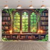 Luminora 7x5ft Retro Library Window Backdrop Rustic Wood Bookshelf Vines