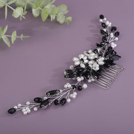 Teyglen Bride Crystal Wedding Hair Comb Flower Pearl Hair Piece Bridal Crystal Hair Comb Headband Black Rhinestone Headpiece Floral Hair Accessories for Women (Black)