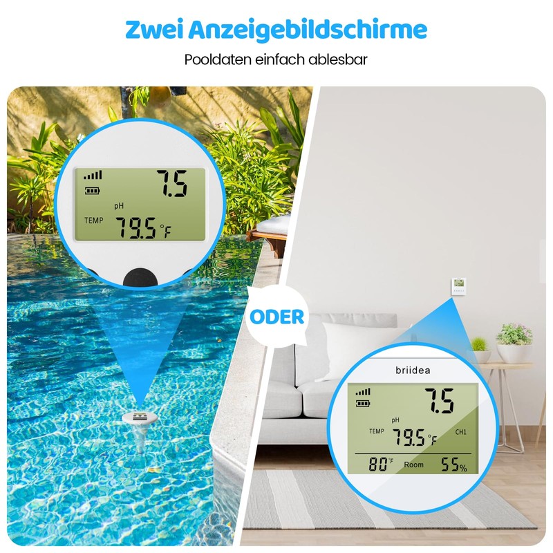 briidea Wireless Digital Swimming Pool Water Tester with Two Displays