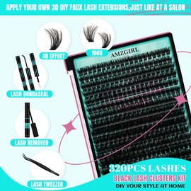 Lash Extension Kit,DIY Individual Lashes Clusters Kit,Lash Bond And Seal,Lash Remover For Eyelashes Extensions,Lash Applicator Tool For False Eyelash Cluster Kit 320Pcs At Home(100D,D-Mix10-16mmKit)