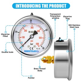 Hansfelds 0-40bar Pressure Gauge Liquid Filled 1/4'' BSP Back Mount 63mm Dial Face stainless steel case Brass Connection Dual Scale bar/psi Accuracy1.6,2Pieces Bushing reducer 1/4"to 3/8",1/4"to1/2"
