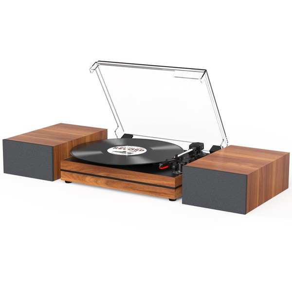 Record Player for Vinyl with External Speakers, Belt-Drive Turntable with Dual Stereo Speakers Vintage Vinyl LP Player Support 3 Speed Wireless AUX Headphone Input Auto Stop for Music Lover Walnut Red