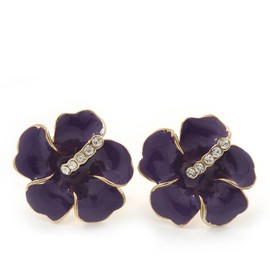 20mm D/Deep Purple Enamel Crystal Daisy Stud Earrings/Gold Tone