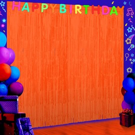 6 Pack 3.3Ft x 6.6Ft Orange Glow in The Dark Foil Fringe Curtain Backdrop Party Supplies, Fluorescent Macaron Metallic Tinsel Foil Streamers Curtain Photo Booth for Neon Birthday Party Decorations