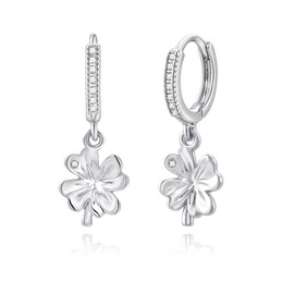 Trendy Four Leaf Clover Huggie Small Hoop Earrings with Hypoallergenic Cubic Zirconia, Silver Drop Dangle Earrings for Women Daily & Thoughtful Gifts
