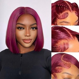 ALHER Short Bob Wig 99J Dark Burgundy, 12A Straight Small Cap 13x4 Lace Frontal Wigs Human Hair Pre Plucked With Baby Hair, Small Cap Wig Size 21-21.5 180% Density for Black Women 10 Inch