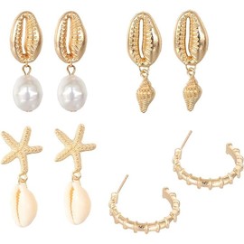 Xinxinly 5 Pairs Seashell Stud Earrings for Women Gold Beach Earrings Sets for Summer Conch Shell Jewelry for Girls Animal Life