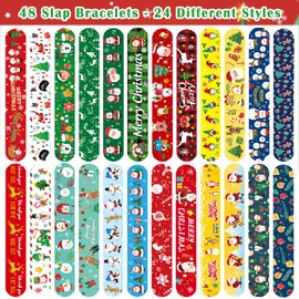 Acuiwer Christmas Slap Bracelet 48 PCS Slap Wrist Bands Bulk for Kids Party Bag Fillers Party Supplies Flavors Gift for Girls Boys Birthday Christmas (Xmas-48pcs)