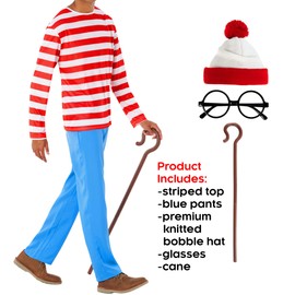 Morph Red and White Stripe Shirt Costume with Hat, Round Glasses, Cane, Easy Adult Costume, Book Character Costume For Adults, M