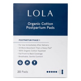 LOLA Organic Cotton Postpartum Pads - 20 Count, Ultra Absorbent and Extra Long Pads, Overnight and Full Coverage, Adult Incontinence Pad for Women, Postpartum Essentials